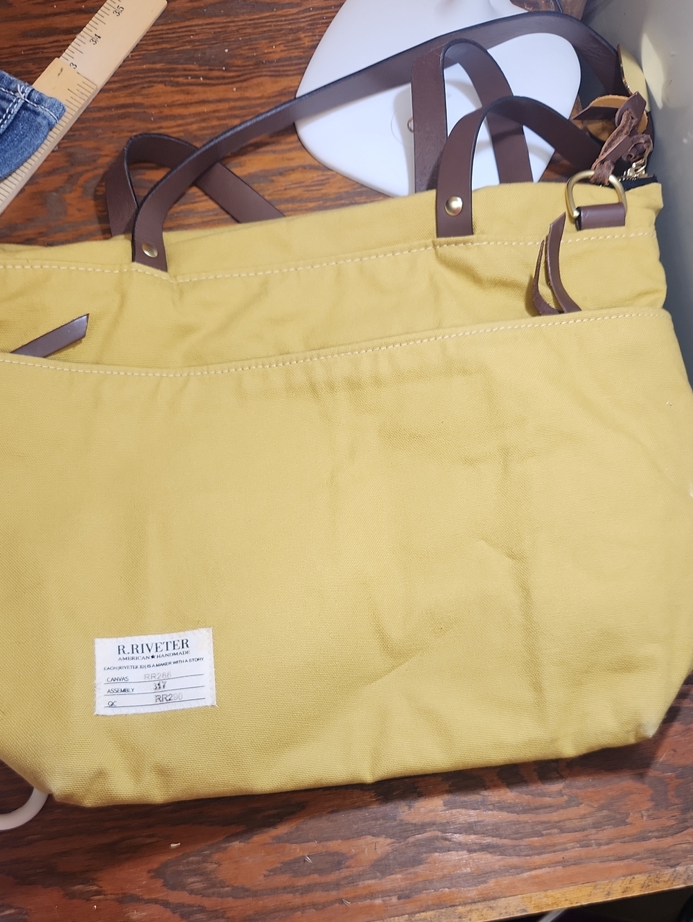 R. Riveter Mustard Canvas Tote with Brown Handles